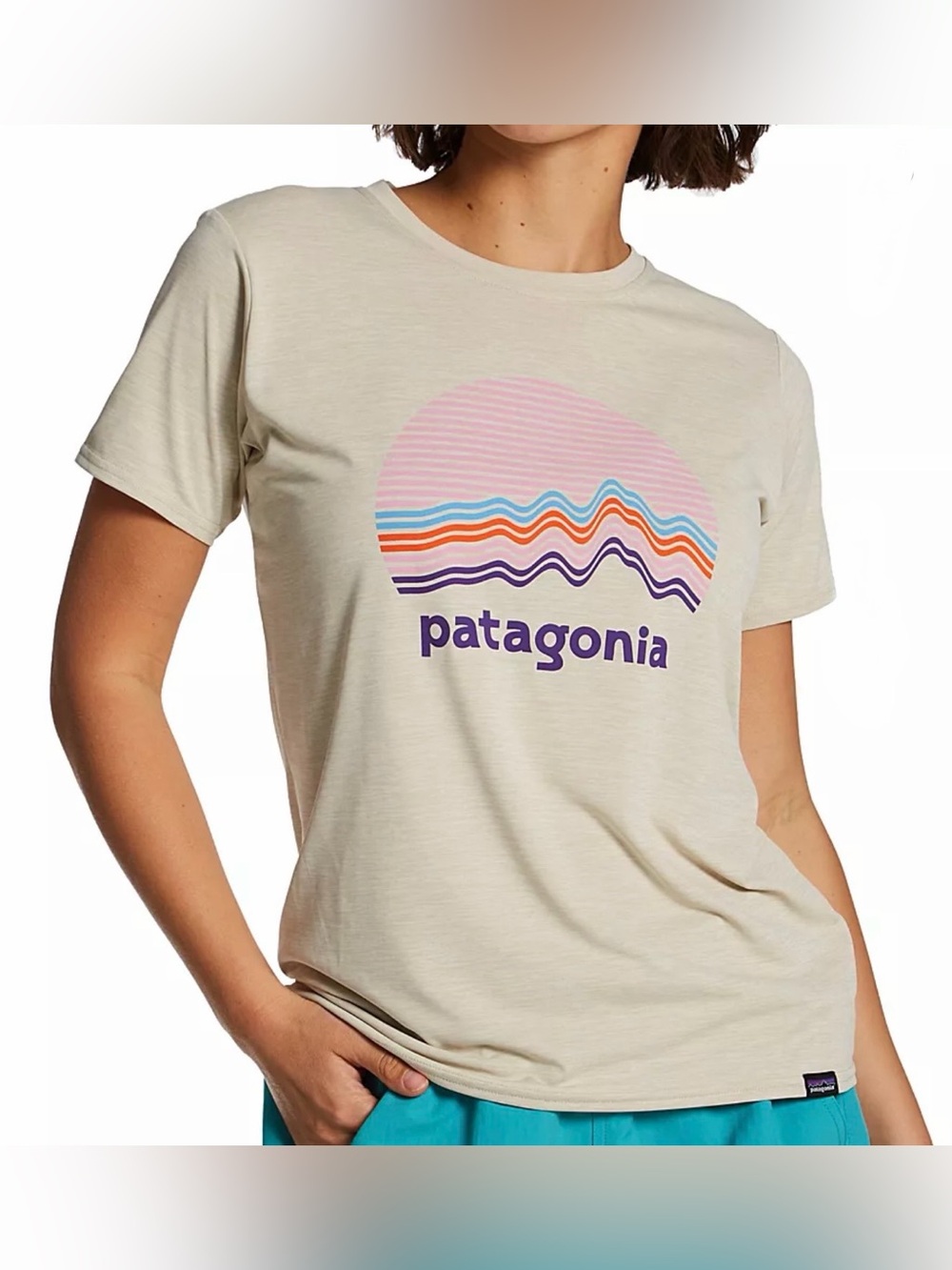 Patagonia Cream Graphic Tee with Multicolor Wave Logo